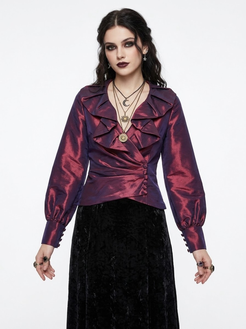 Whimsigoth Burgundy Taffeta Ruffle Collar Top Iridescent Witchy Vampirecore